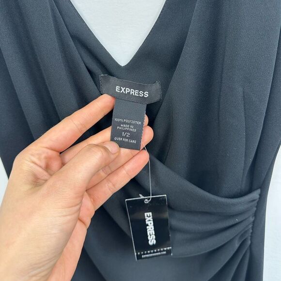 Express Vintage 90's/Y2K Black Asymmetric Ruched Sleeveless V-neck Dress Size S - Picture 7 of 9